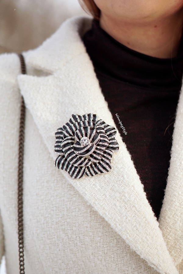 Winnipeg Style, Canadian fashion blog, vintage classic style, Chicwish Asymmetrical frill tweed winter white coat, Black enamel crystal flower bold statement brooch pin, winter style, Canadian winter style